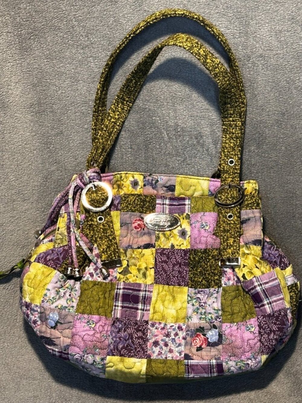 Donna Sharp Tote Green Purple Leah Patchwork Quilted Shoulder Handbag Pristine - Picture 1 of 5